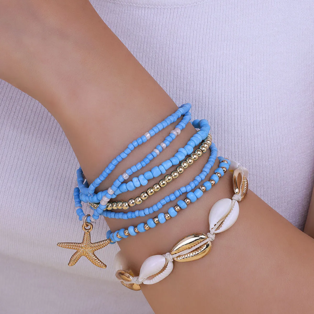 Natural Bohemian Ethnic Style Colorful Multi-Layer Bracelet, Shell, Starfish, and Pearl Couple Bracelet for Students, European and American Fashion