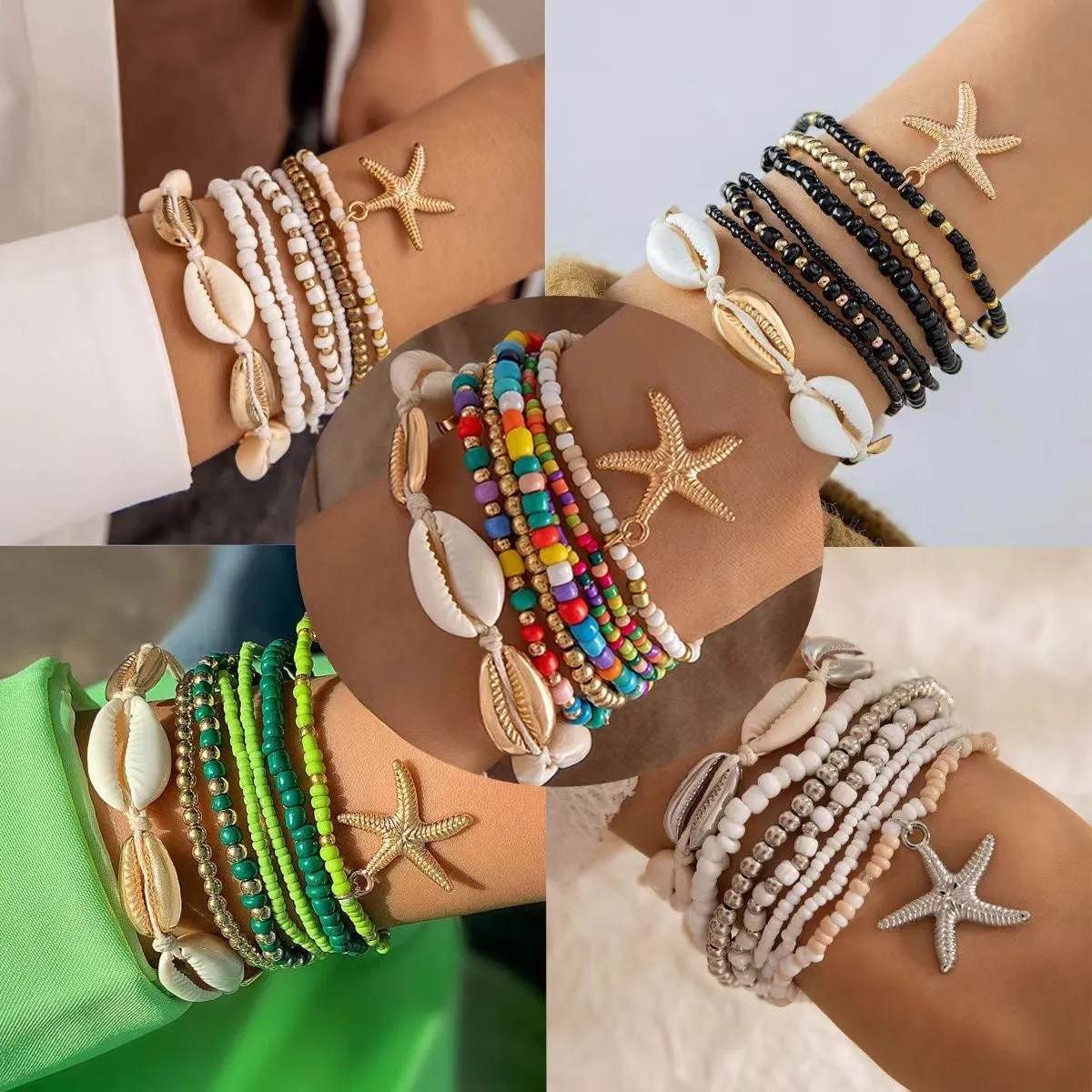 Natural Bohemian Ethnic Style Colorful Multi-Layer Bracelet, Shell, Starfish, and Pearl Couple Bracelet for Students, European and American Fashion