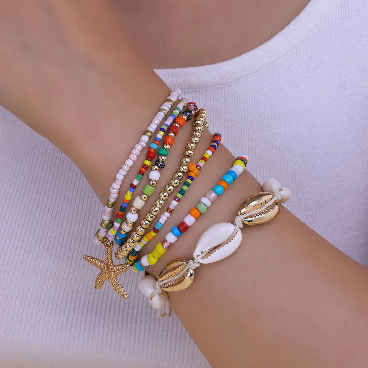 Natural Bohemian Ethnic Style Colorful Multi-Layer Bracelet, Shell, Starfish, and Pearl Couple Bracelet for Students, European and American Fashion