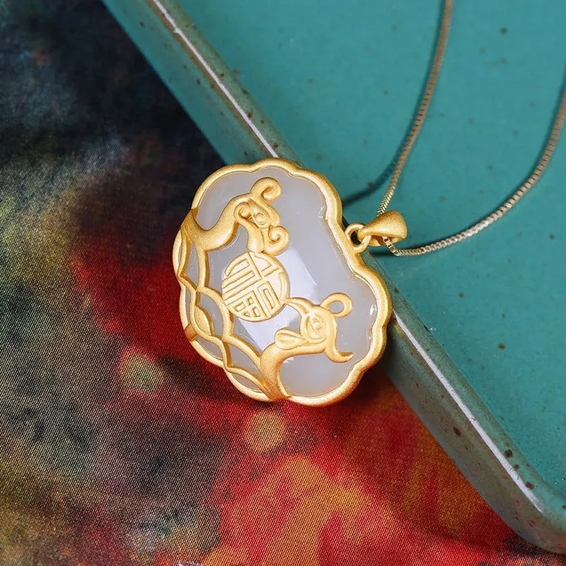 Natural Hetian white chalcedony dragon and phoenix pendant