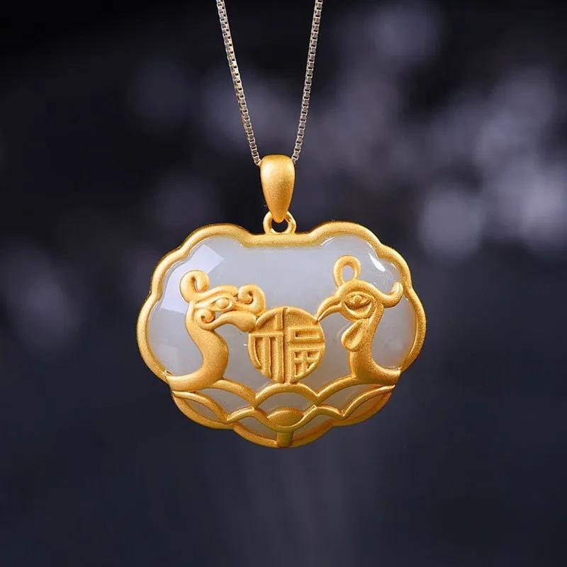 Natural Hetian white chalcedony dragon and phoenix pendant