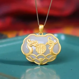 Natural Hetian white chalcedony dragon and phoenix pendant