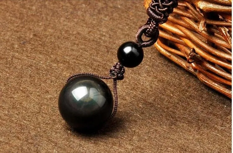 Natural Obsidian Rainbow Eye Transfer Good Luck Bead Pendant  Chain Necklace Jewelry For Woman