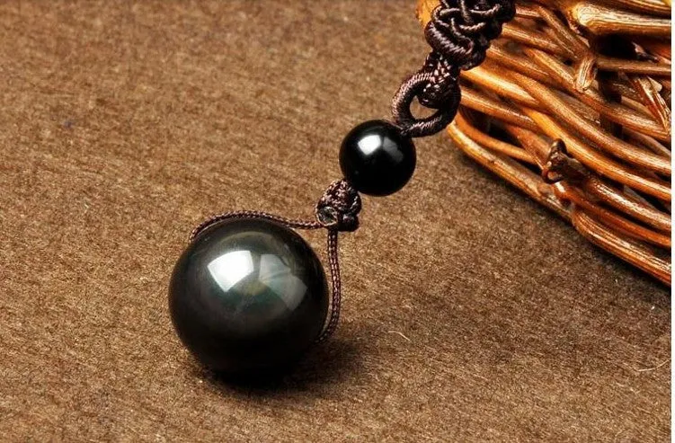 Natural Obsidian Rainbow Eye Transfer Good Luck Bead Pendant  Chain Necklace Jewelry For Woman
