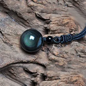 Natural Obsidian Rainbow Eye Transfer Good Luck Bead Pendant  Chain Necklace Jewelry For Woman