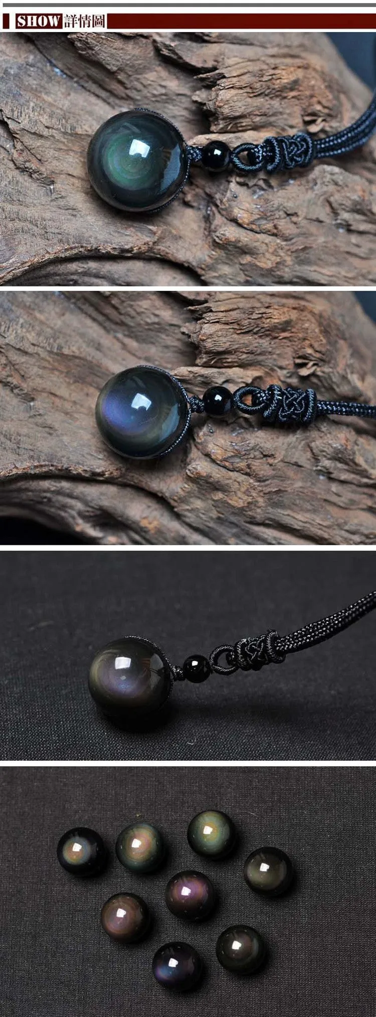 Natural Obsidian Rainbow Eye Transfer Good Luck Bead Pendant  Chain Necklace Jewelry For Woman