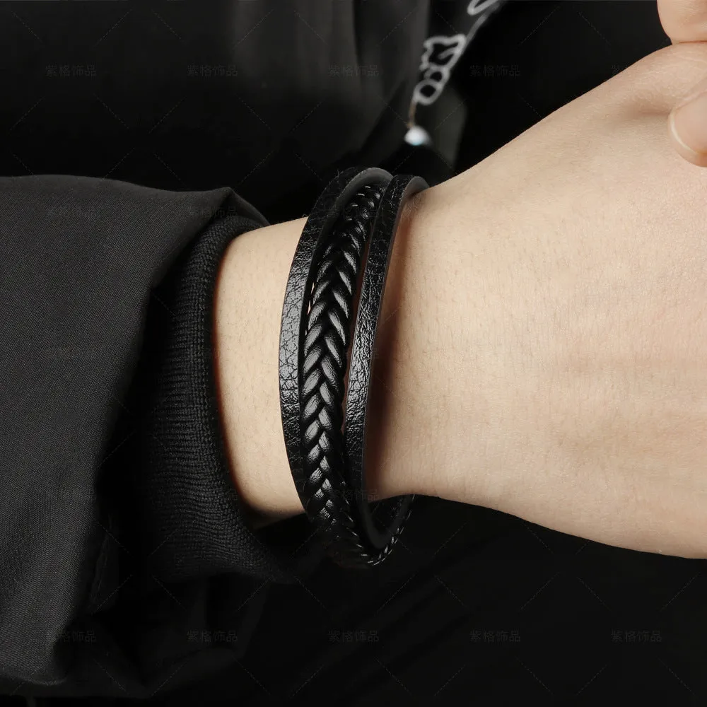 New Vintage Leather Rope Braided Ethnic Magnetic Buckle Men's Bracelet