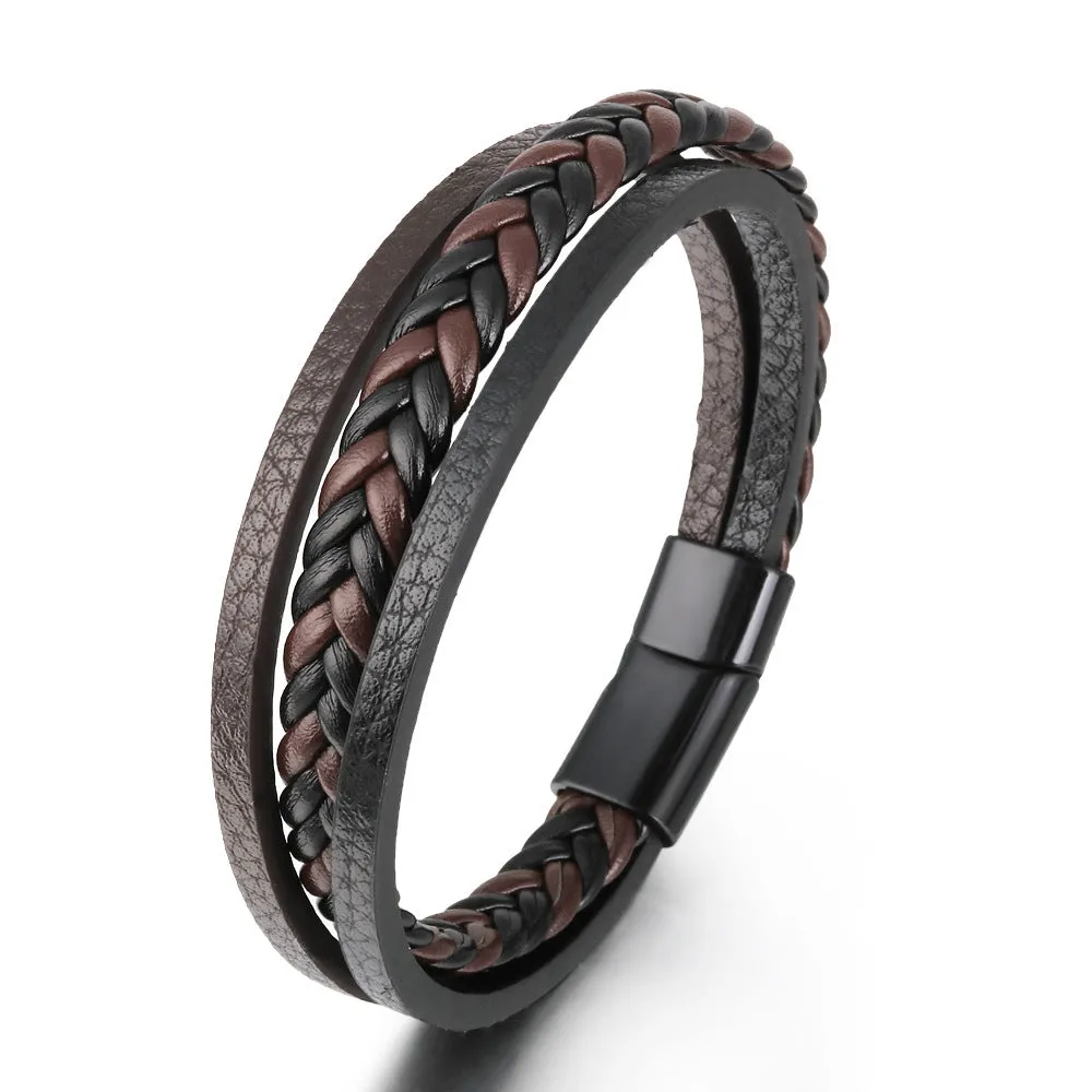 New Vintage Leather Rope Braided Ethnic Magnetic Buckle Men's Bracelet