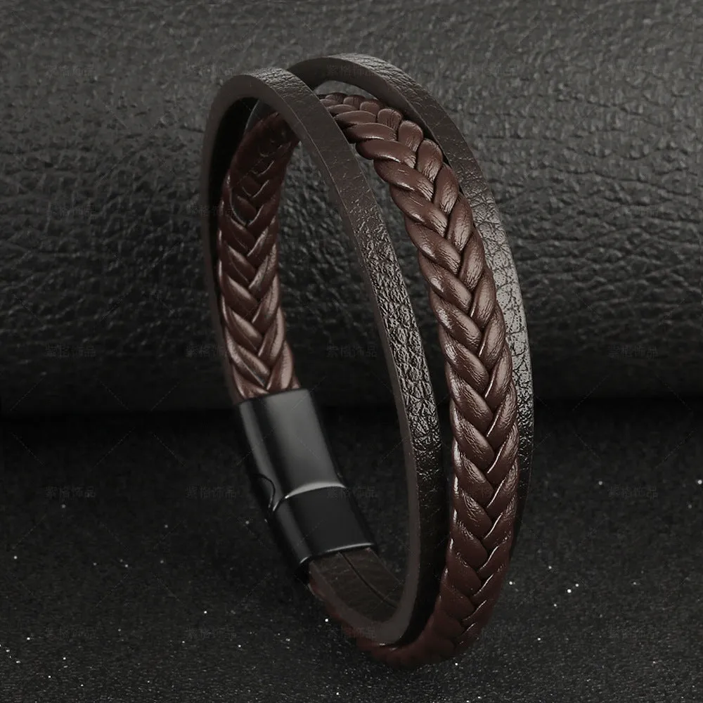 New Vintage Leather Rope Braided Ethnic Magnetic Buckle Men's Bracelet