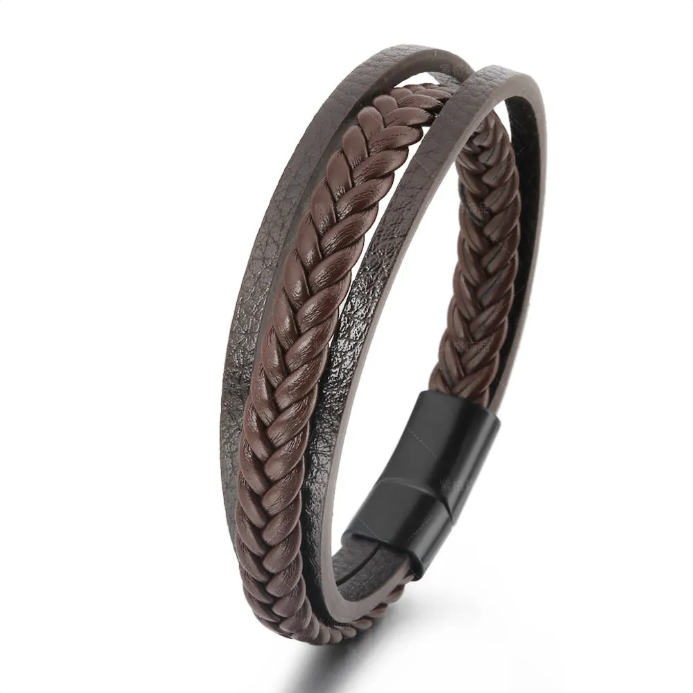New Vintage Leather Rope Braided Ethnic Magnetic Buckle Men's Bracelet