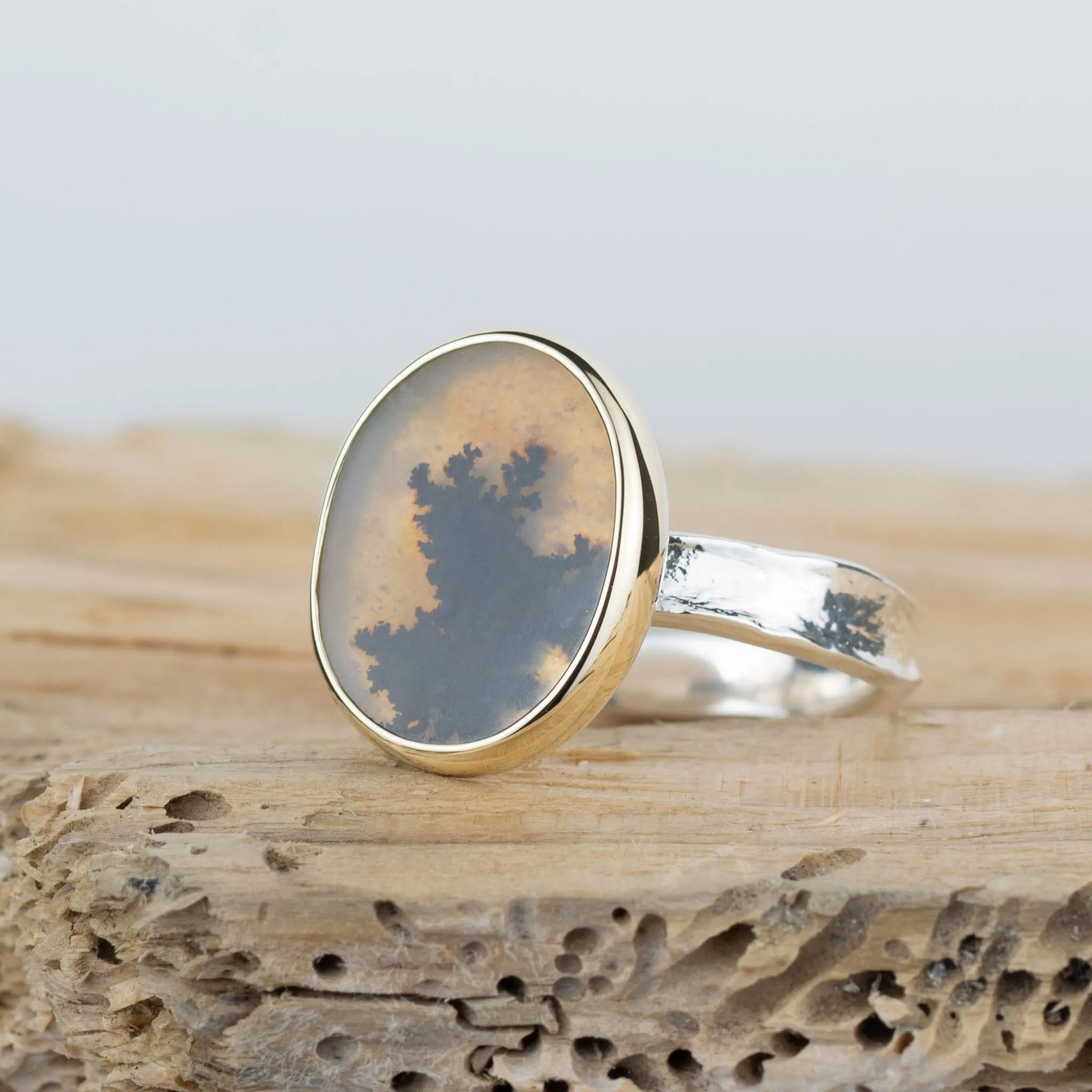 No.684 - Silver and Solid Gold Dendritic Agate Ring - Size S