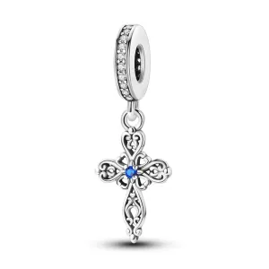 Ornate Blue Crystal Cross Charm