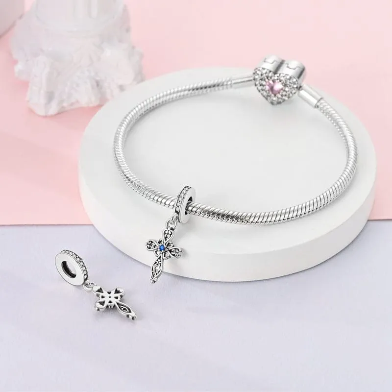 Ornate Blue Crystal Cross Charm