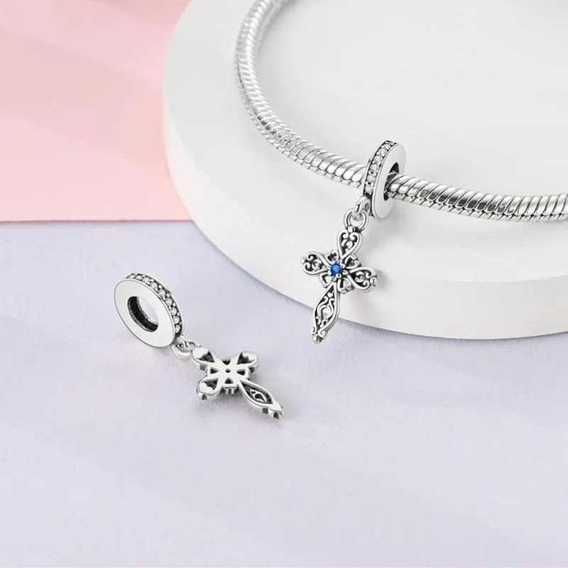Ornate Blue Crystal Cross Charm