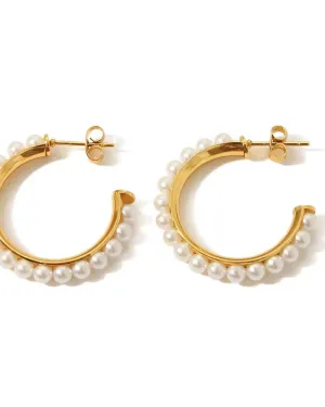 Pearl Hoop Stud Earrings - Gold