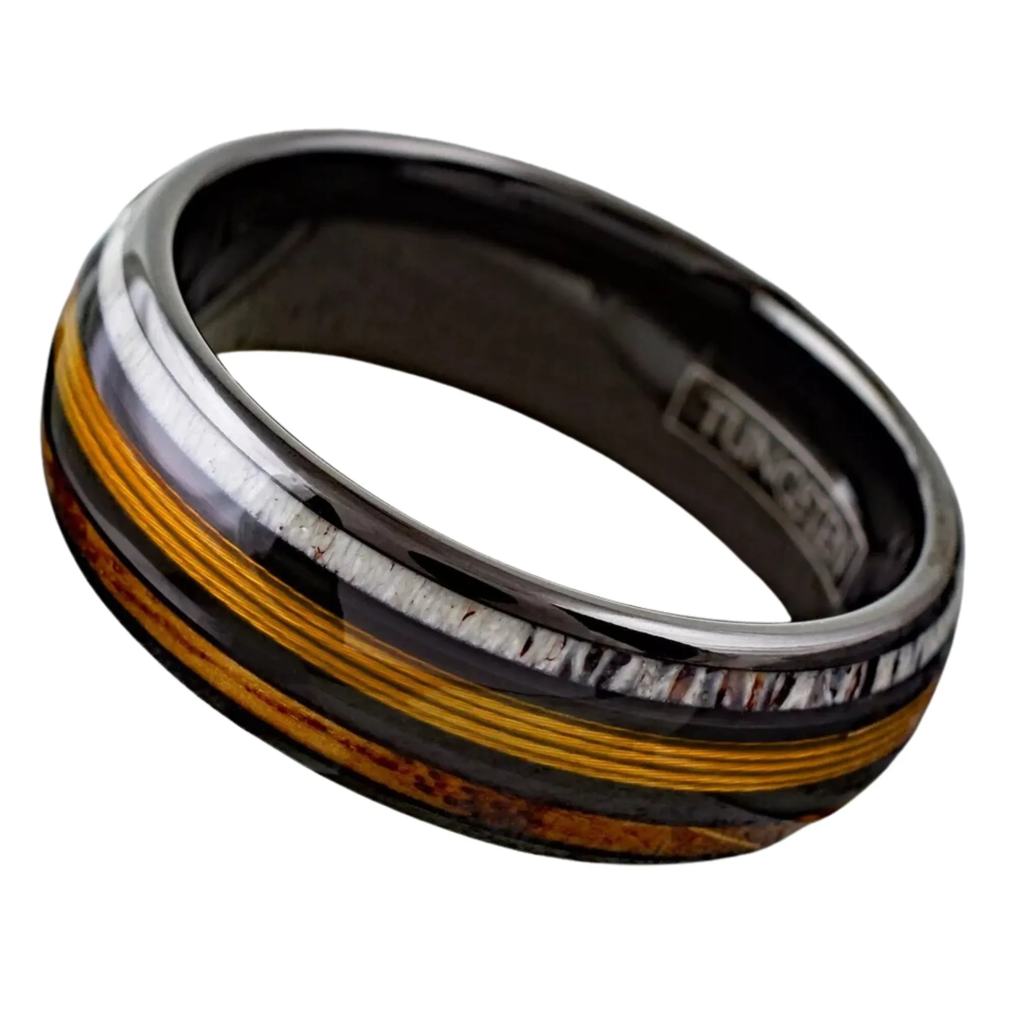 Personalized Engraved Black Tungsten Ring for Men | Whiskey Barrel & Deer Antler Ring | Gold Fishing Line Jewelry | 8mm Width