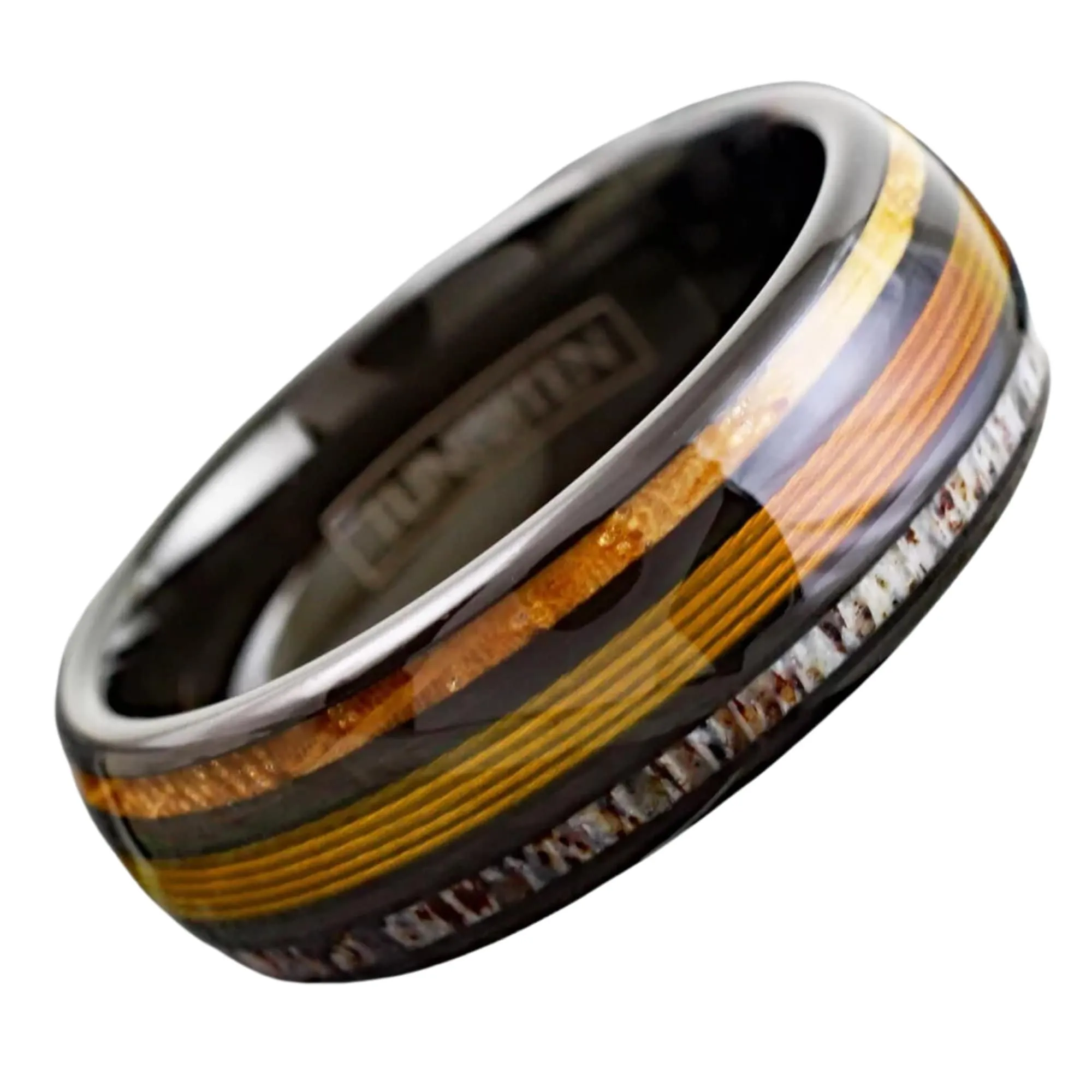 Personalized Engraved Black Tungsten Ring for Men | Whiskey Barrel & Deer Antler Ring | Gold Fishing Line Jewelry | 8mm Width