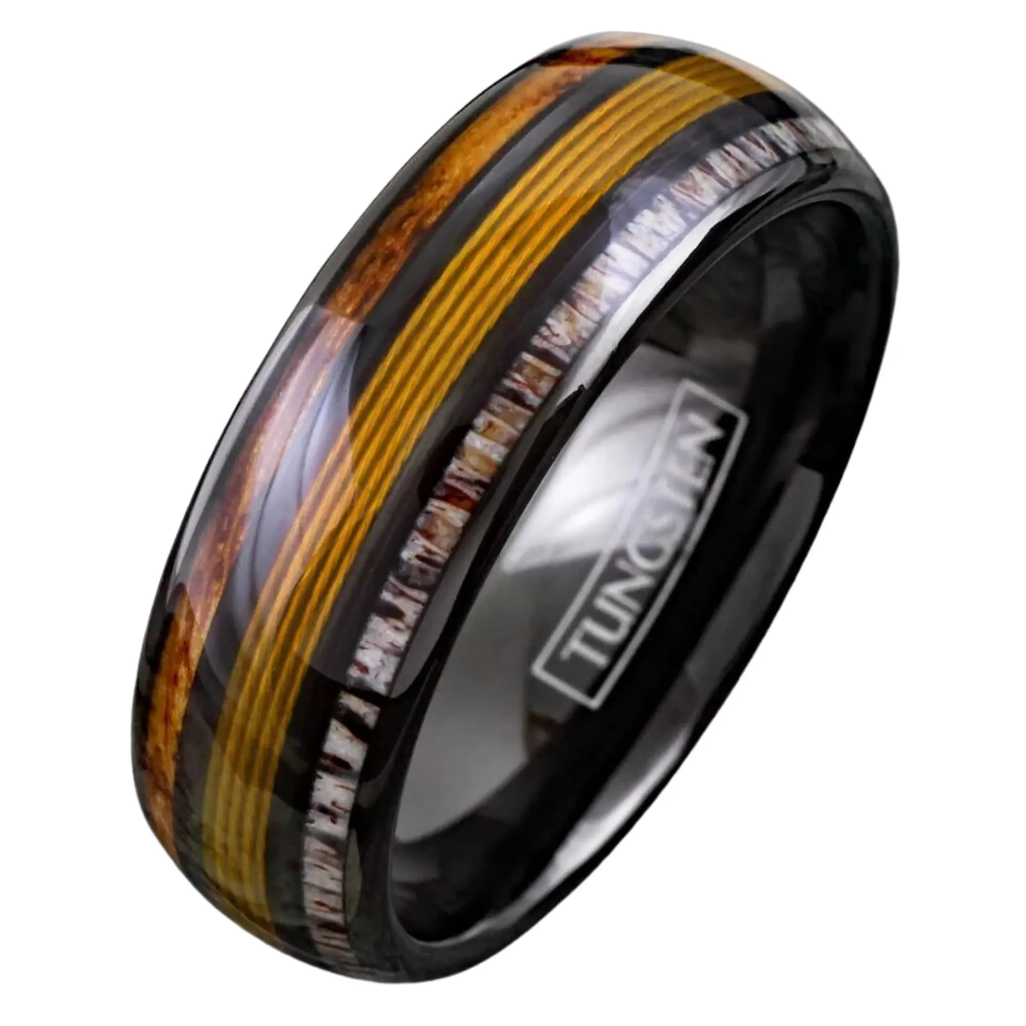 Personalized Engraved Black Tungsten Ring for Men | Whiskey Barrel & Deer Antler Ring | Gold Fishing Line Jewelry | 8mm Width