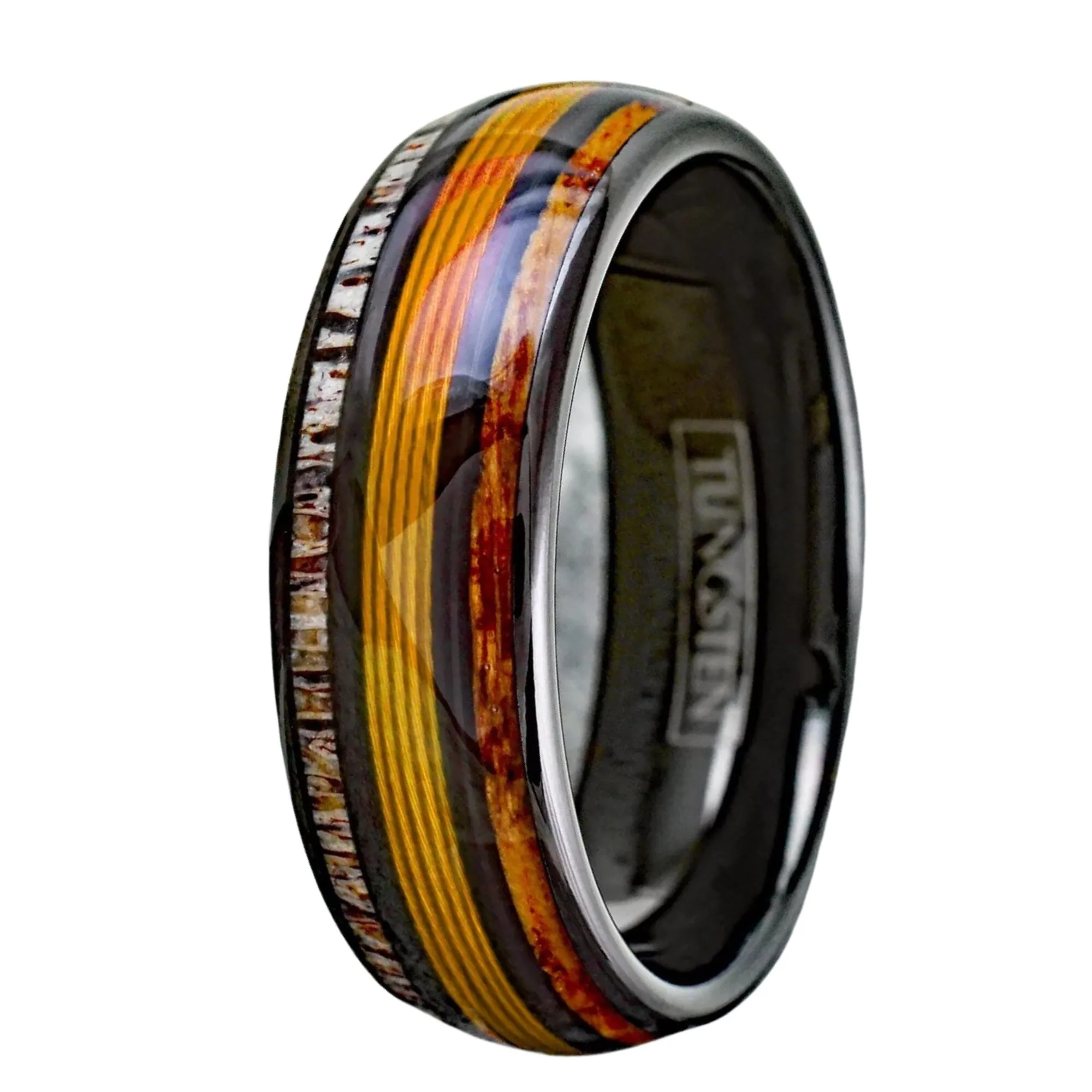 Personalized Engraved Black Tungsten Ring for Men | Whiskey Barrel & Deer Antler Ring | Gold Fishing Line Jewelry | 8mm Width