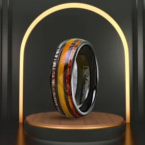 Personalized Engraved Black Tungsten Ring for Men | Whiskey Barrel & Deer Antler Ring | Gold Fishing Line Jewelry | 8mm Width