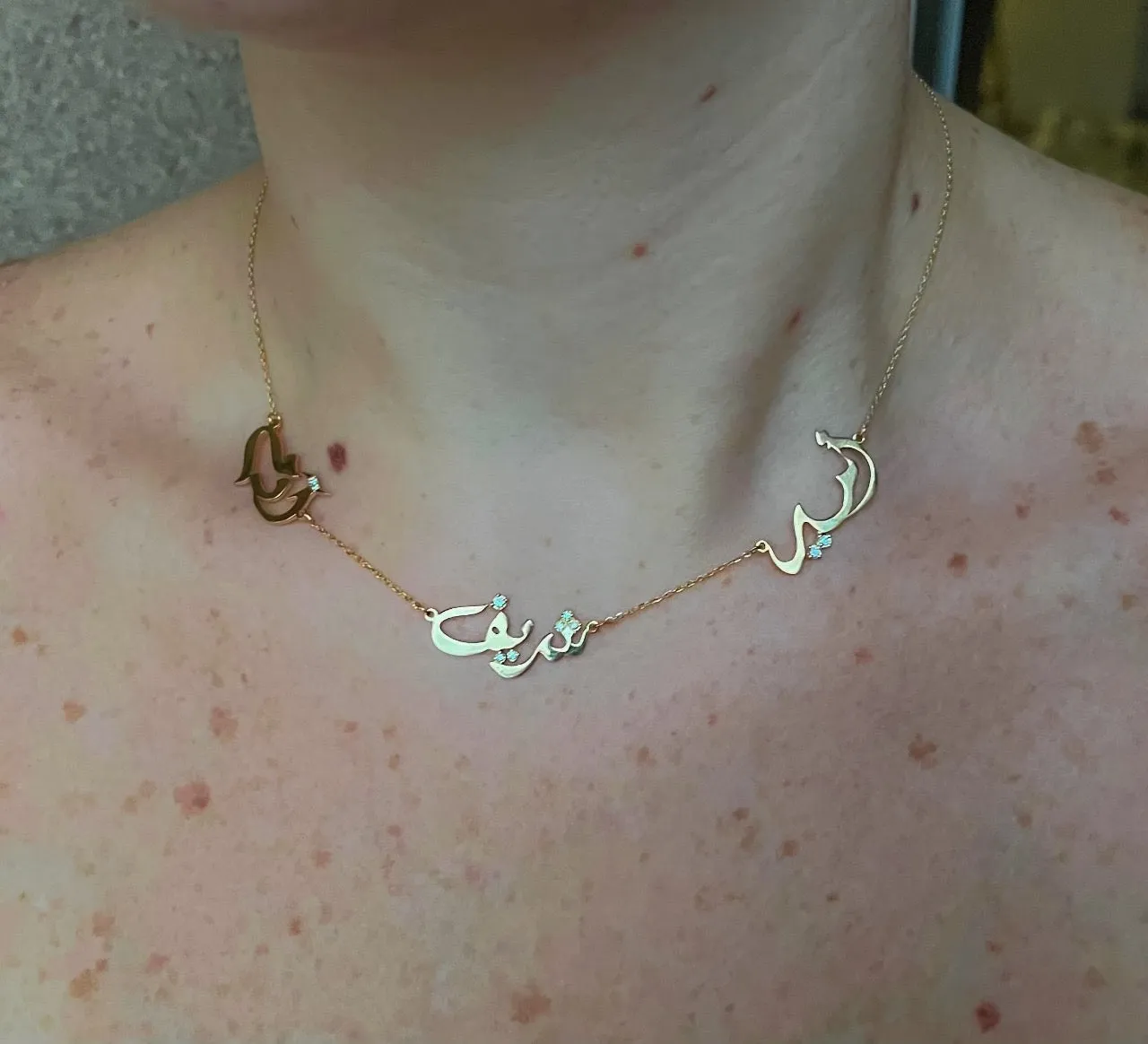 Personalized Triple-Name Arabic Calligraphy Necklace with Diamonds