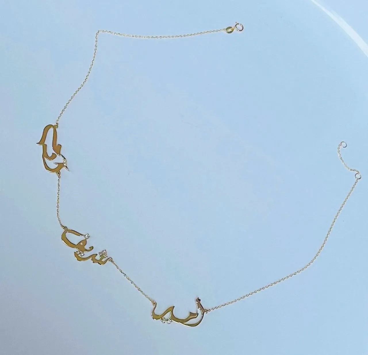 Personalized Triple-Name Arabic Calligraphy Necklace with Diamonds