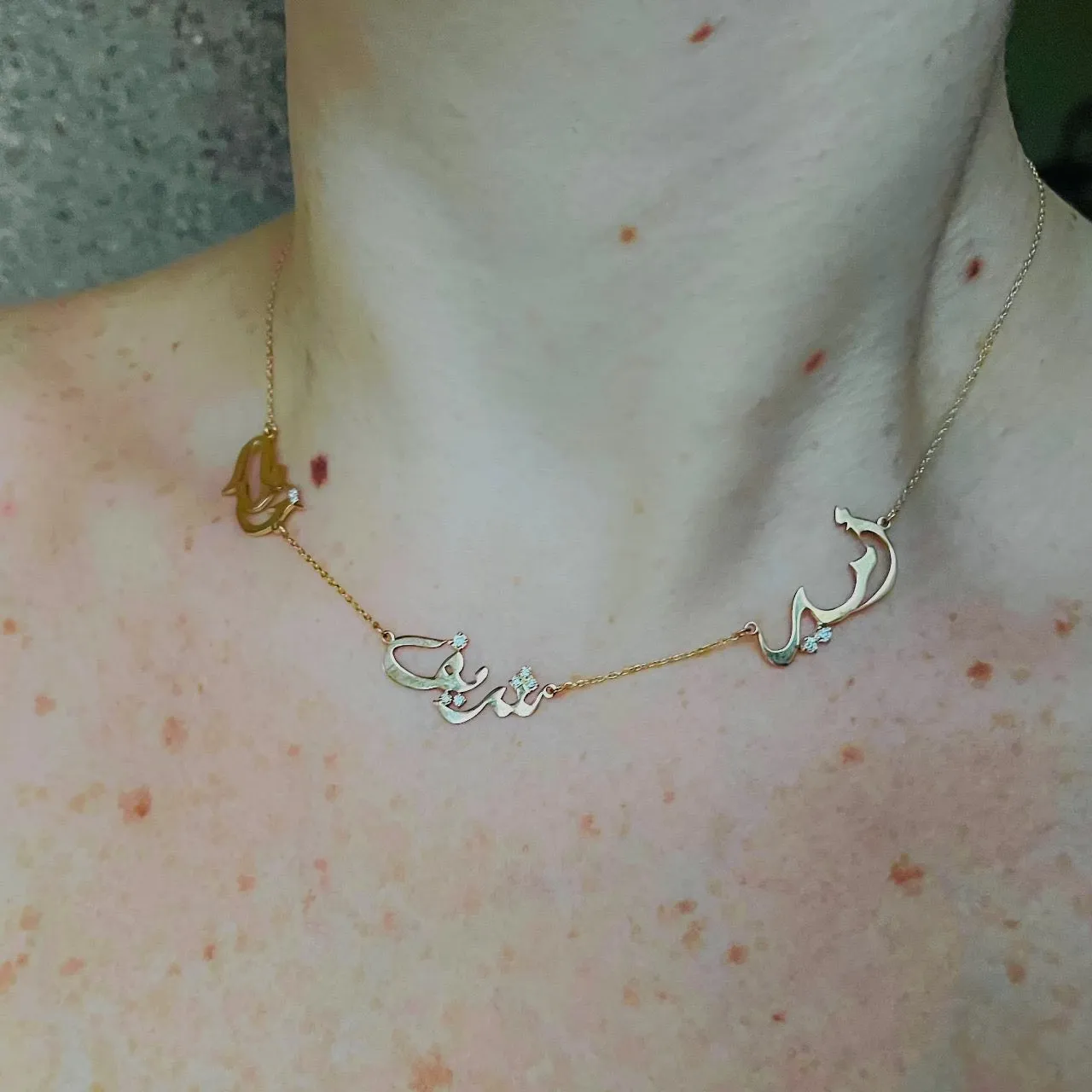 Personalized Triple-Name Arabic Calligraphy Necklace with Diamonds