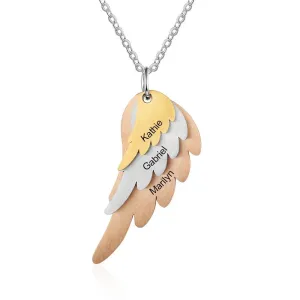 Personalized Wings Necklace with 3 Names Mixed Steel & Rose Gold & Gold Color Custom Family Engraved Necklace