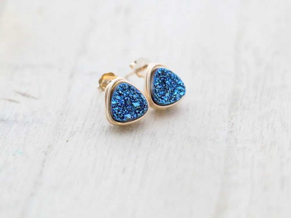 Petite Triangle Druzy Studs - Cobalt