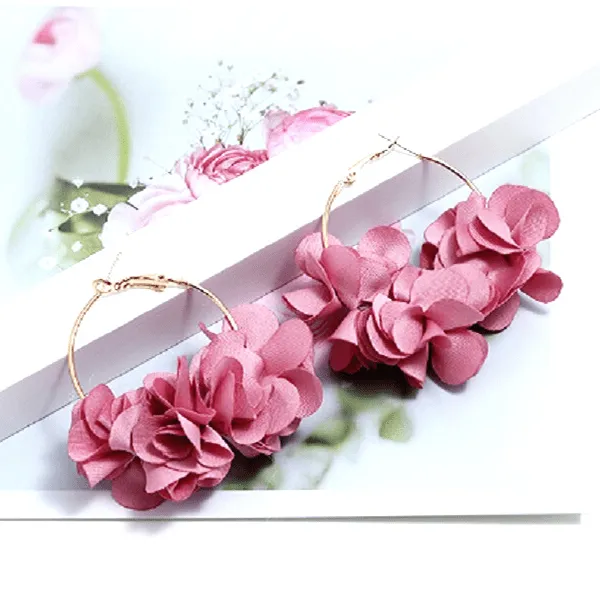 Pink Fabric Flower Hoop Earrings