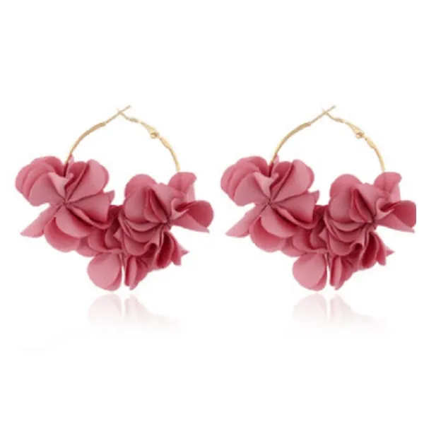 Pink Fabric Flower Hoop Earrings