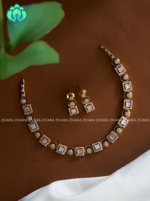PINK STONE CIRCLE AND SQUARE  SUBTLE GOLD FINISH stylish and minimal elegant neckwear with earrings- Zivara Fashion