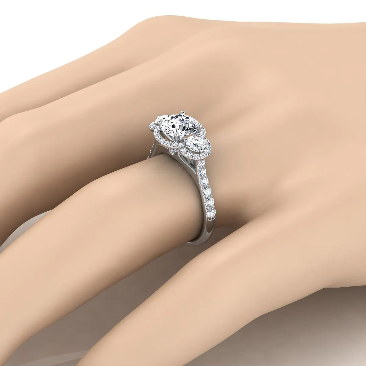 Platinum Round Brilliant Diamond Timeless Three Stone Halo with French Engagement Ring -3/4ctw