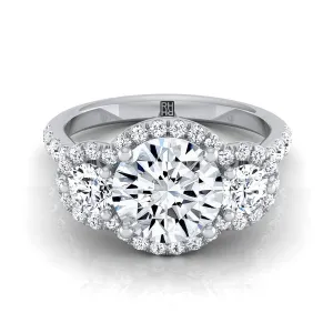 Platinum Round Brilliant Diamond Timeless Three Stone Halo with French Engagement Ring -3/4ctw