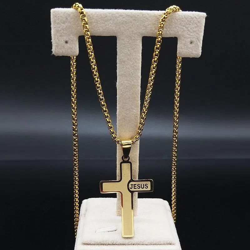Popular Stainless Steel Long JESUS CROSS Necklaces - Gold Colour Chain Christian Necklaces Jewellery