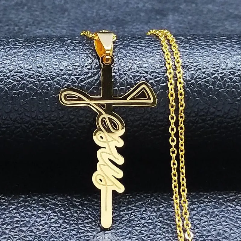 Popular Stainless Steel Long JESUS CROSS Necklaces - Gold Colour Chain Christian Necklaces Jewellery