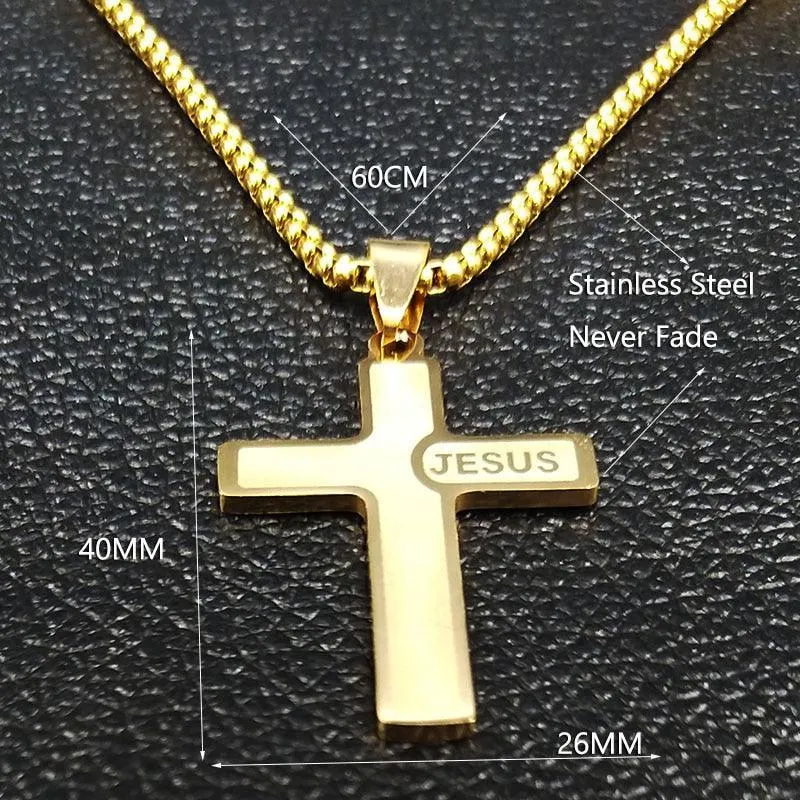 Popular Stainless Steel Long JESUS CROSS Necklaces - Gold Colour Chain Christian Necklaces Jewellery