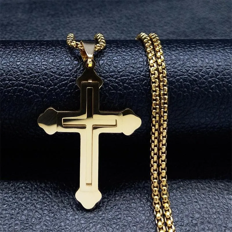 Popular Stainless Steel Long JESUS CROSS Necklaces - Gold Colour Chain Christian Necklaces Jewellery