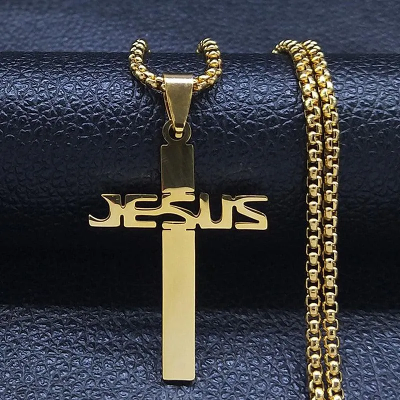 Popular Stainless Steel Long JESUS CROSS Necklaces - Gold Colour Chain Christian Necklaces Jewellery