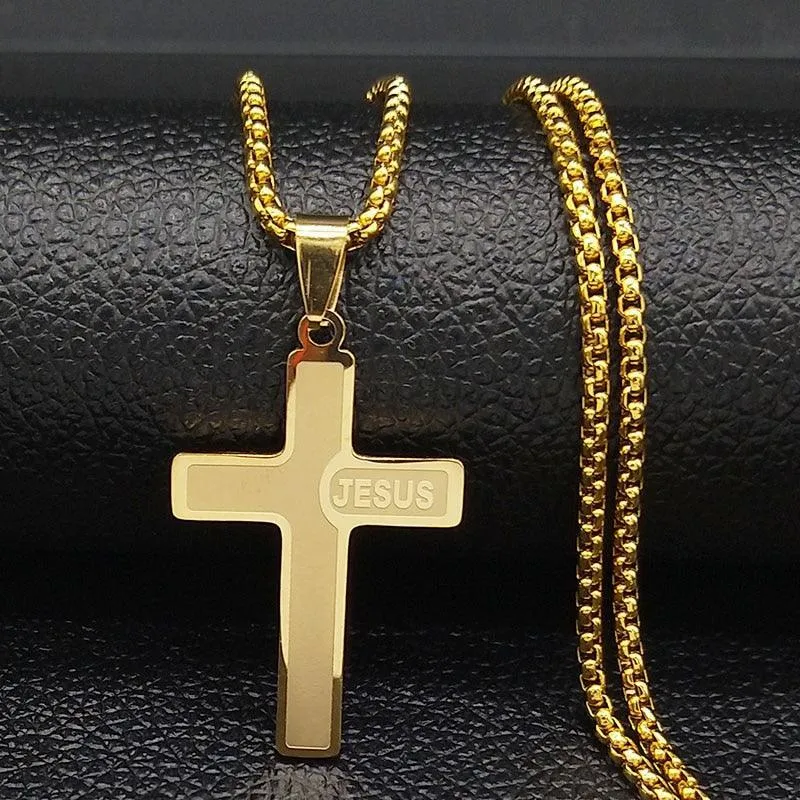 Popular Stainless Steel Long JESUS CROSS Necklaces - Gold Colour Chain Christian Necklaces Jewellery