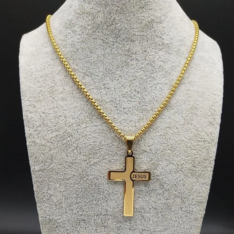 Popular Stainless Steel Long JESUS CROSS Necklaces - Gold Colour Chain Christian Necklaces Jewellery