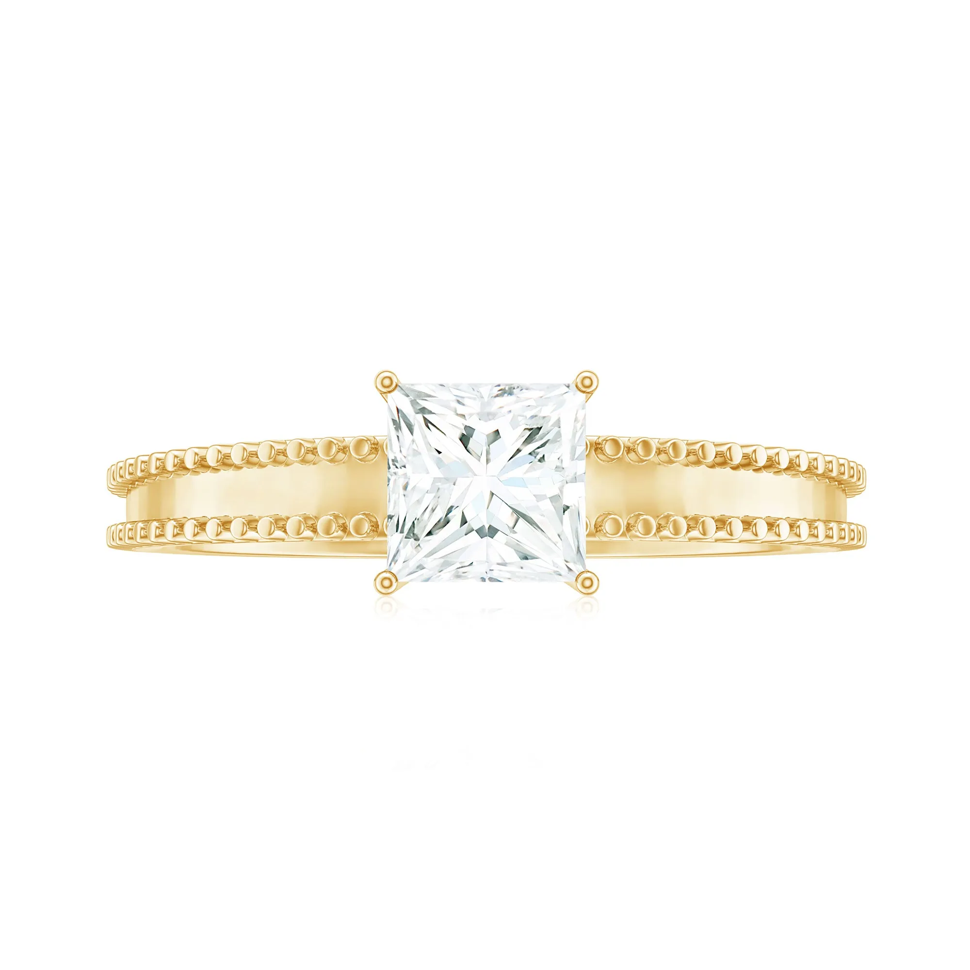 Princess Cut Moissanite Solitaire Ring with Beaded Details