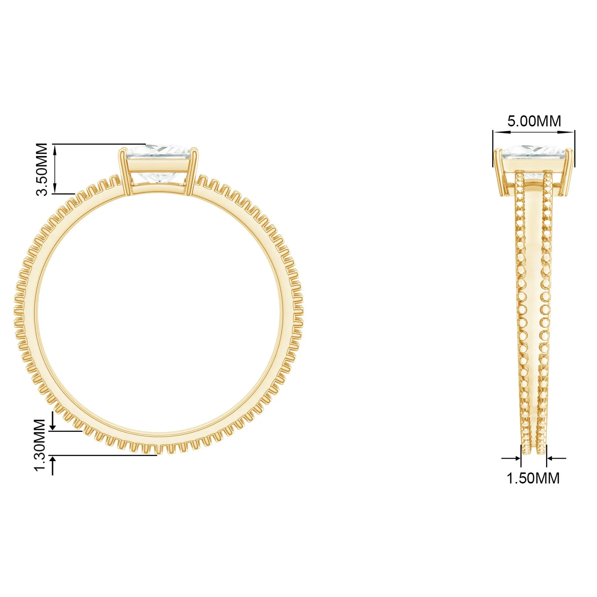 Princess Cut Moissanite Solitaire Ring with Beaded Details