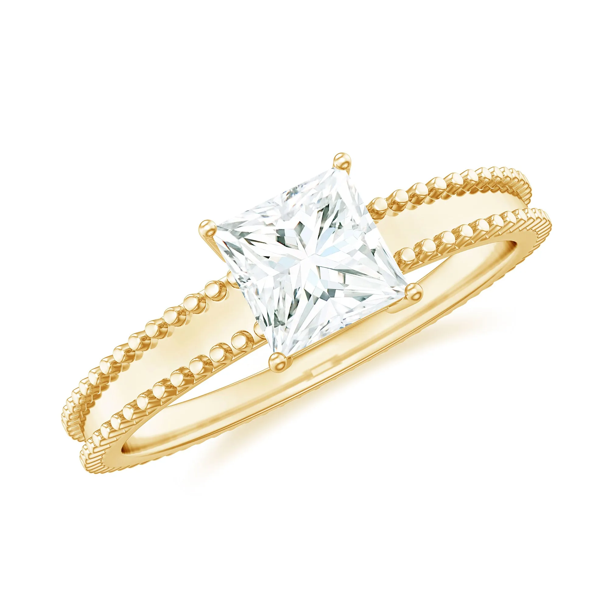 Princess Cut Moissanite Solitaire Ring with Beaded Details