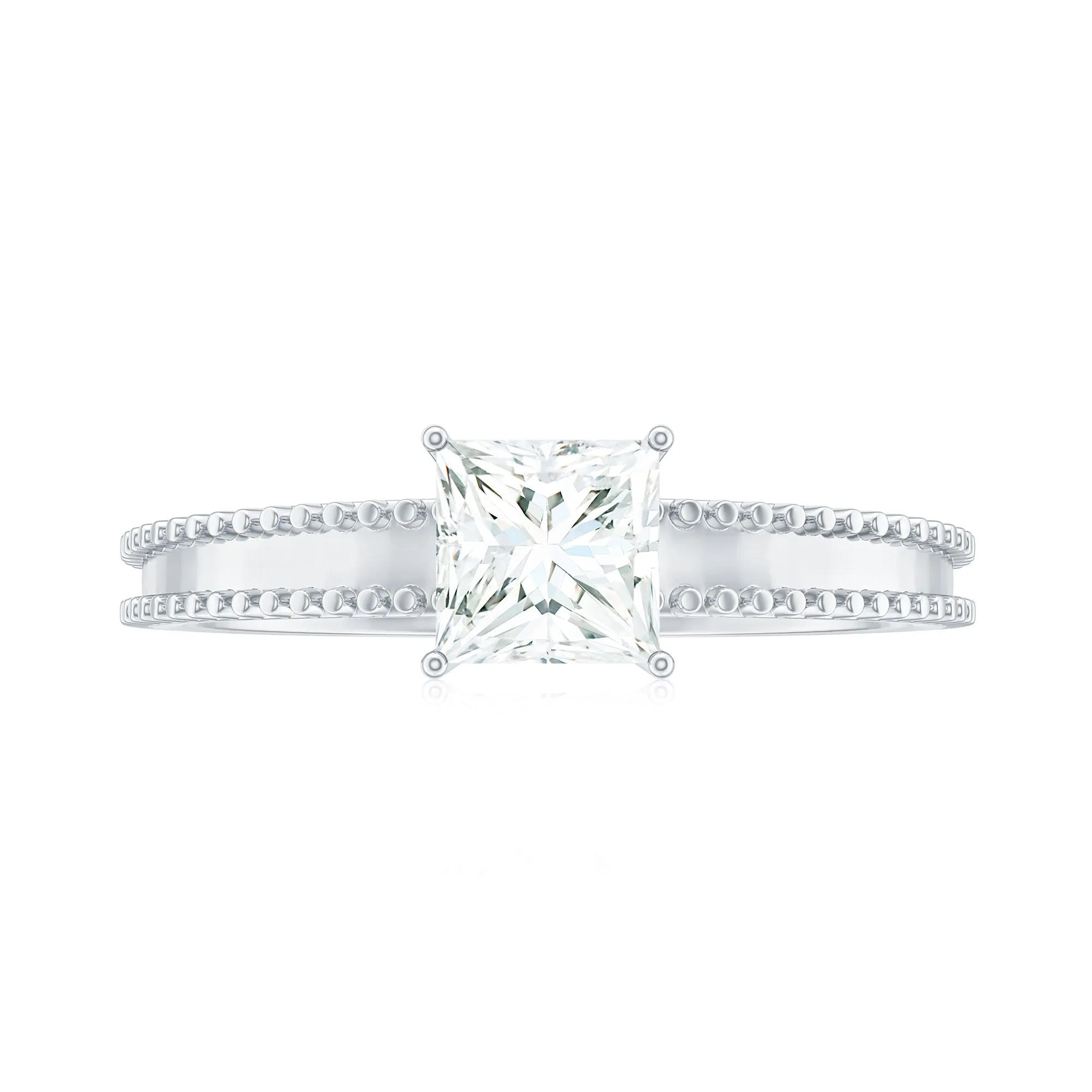 Princess Cut Moissanite Solitaire Ring with Beaded Details