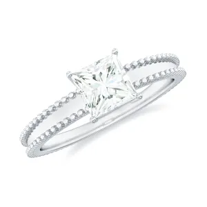 Princess Cut Moissanite Solitaire Ring with Beaded Details