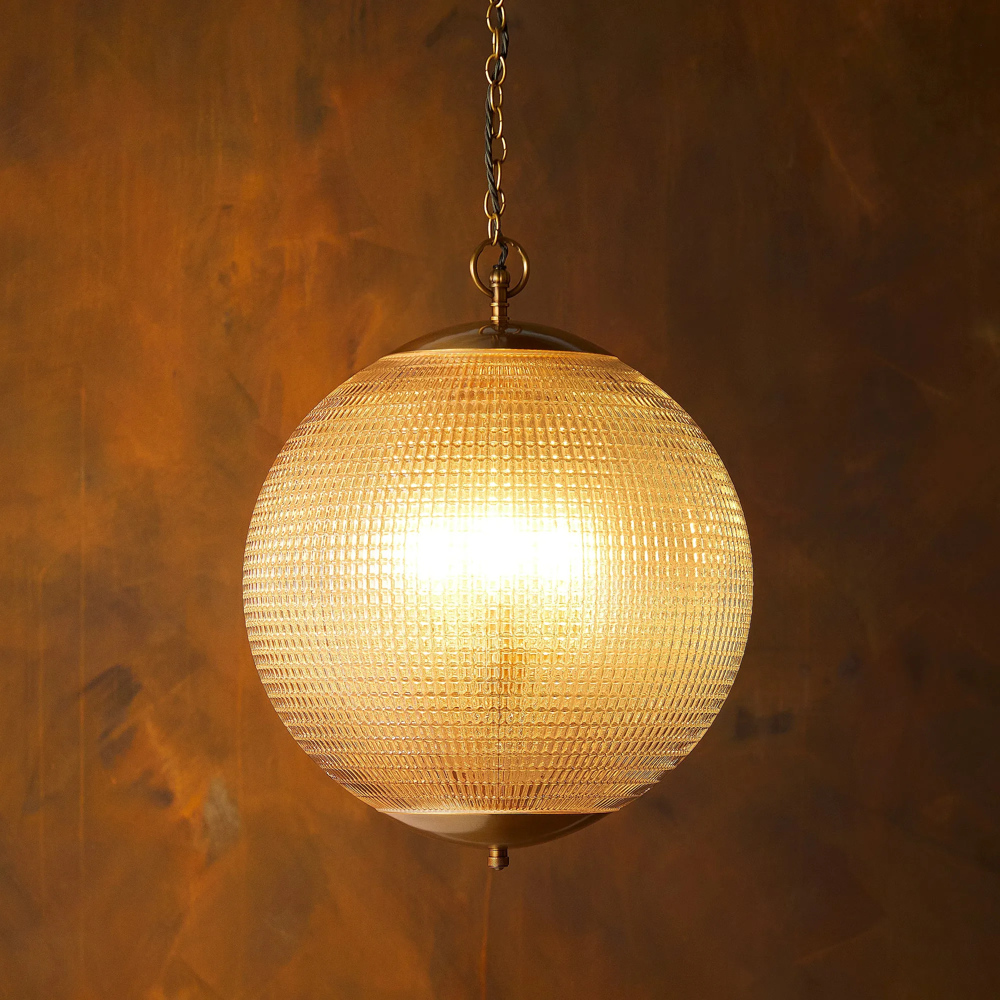 Regular holophane pendant light with clear glass and brass fitting