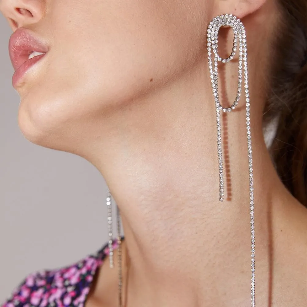 RHINESTONE TASSEL LONG EARRINGS