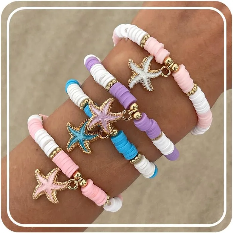 RINHOO FRIENDSHIP Clay Bead Bracelets Set for Women Boho Colorful Cute Shell Starfish Turtle Clay Flower Stretch Stackable Summer Beach Bracelets Jewelry for Women