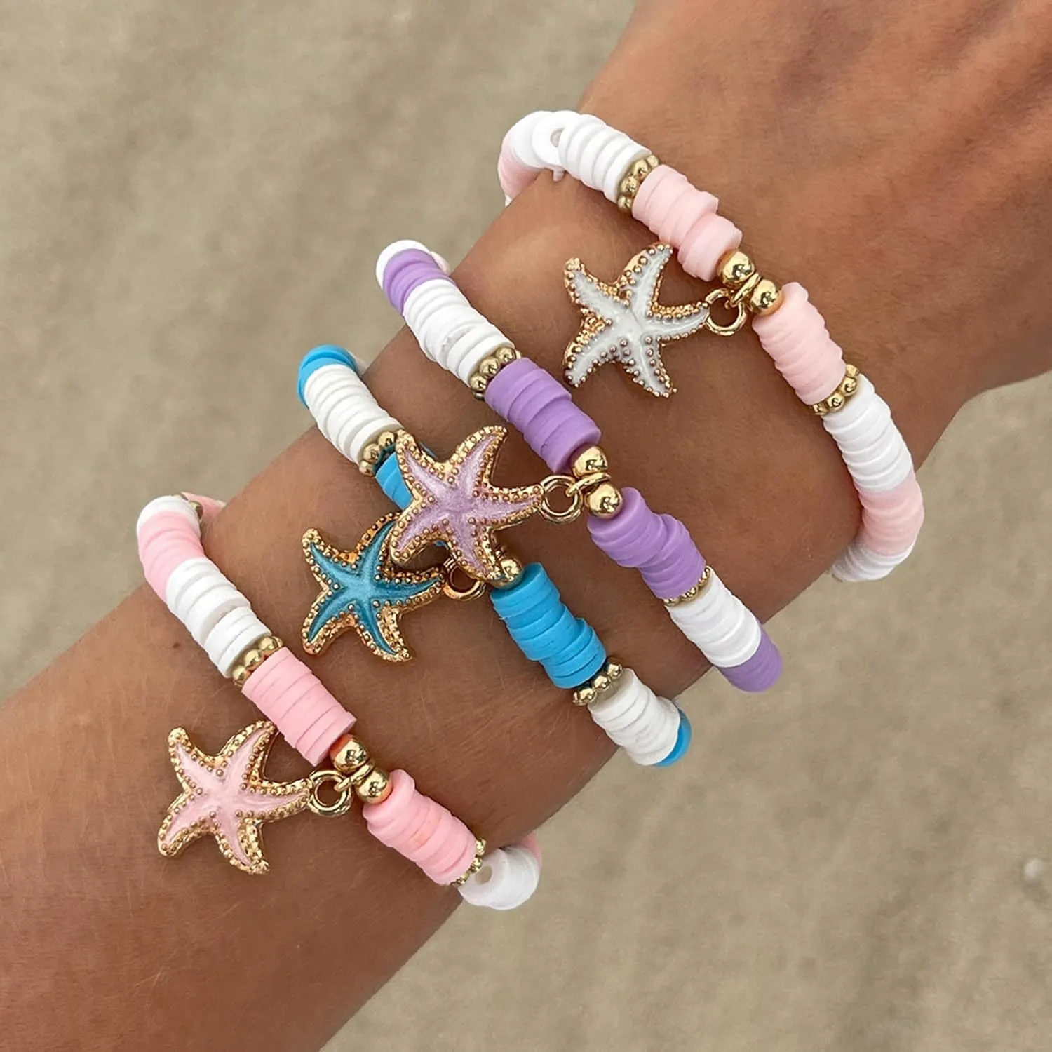 RINHOO FRIENDSHIP Clay Bead Bracelets Set for Women Boho Colorful Cute Shell Starfish Turtle Clay Flower Stretch Stackable Summer Beach Bracelets Jewelry for Women